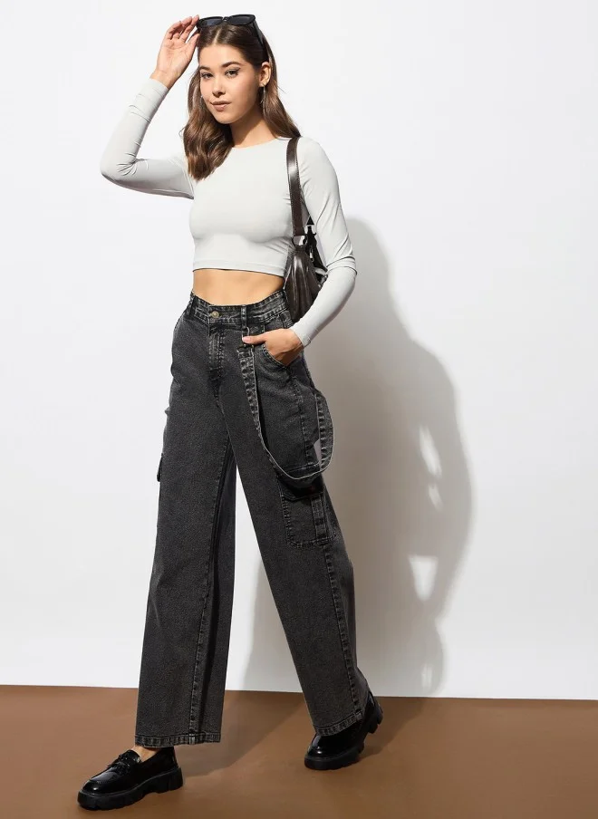 ساسافراس Comfort Wide Leg Black Cargo Jeans for Women