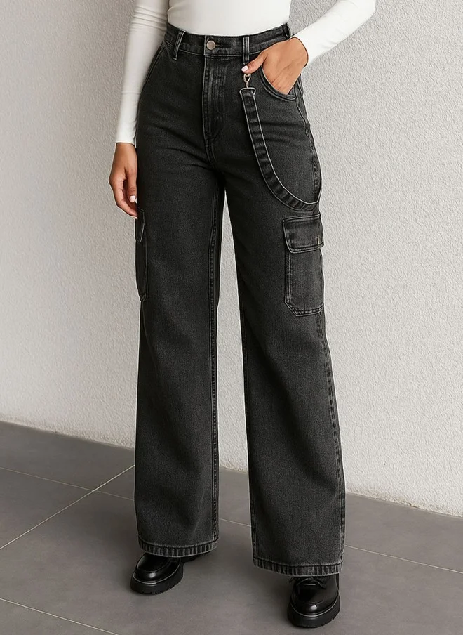 ساسافراس Comfort Wide Leg Black Cargo Jeans for Women