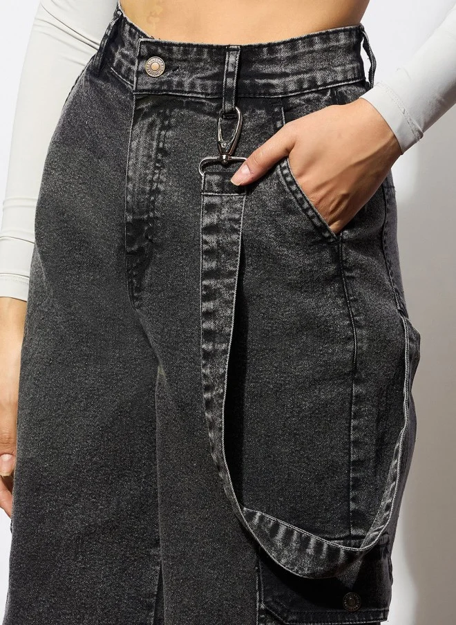 ساسافراس Comfort Wide Leg Black Cargo Jeans for Women