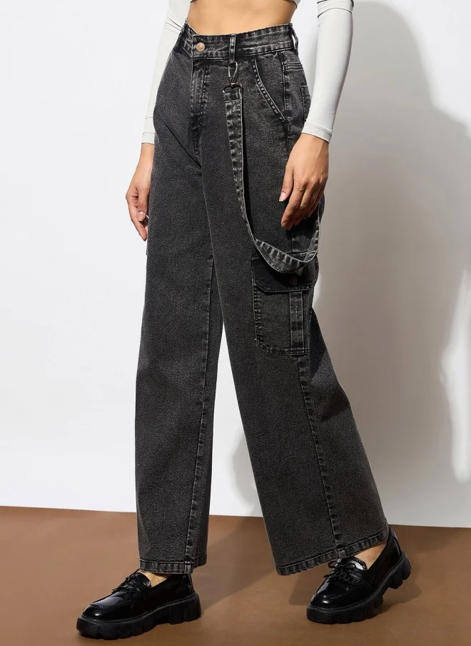ساسافراس Comfort Wide Leg Black Cargo Jeans for Women