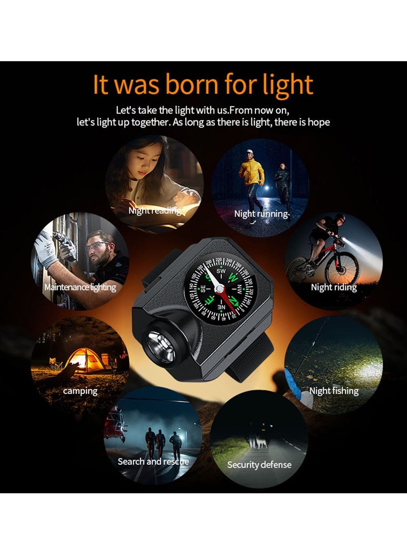 Wrist Flashlight with Compass, Portable Rechargeable Wrist Lamp with 5 Lighting Modes for Hiking Mountaineering Night Running