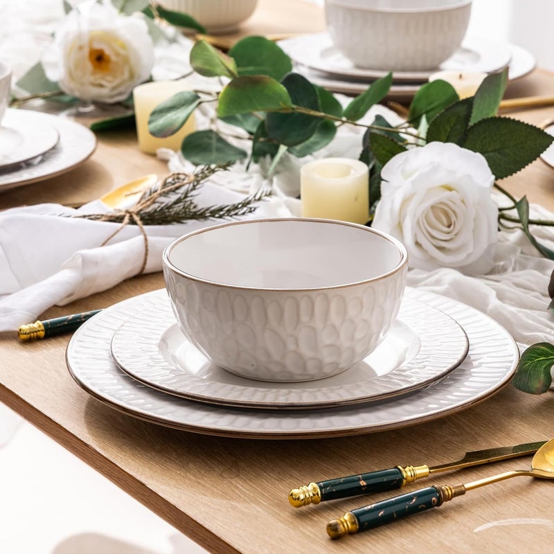 GBhome طقم أدوات مائدة خزفية GBHOME 12 قطعة أطباق وأوعية مزخرفة أنيقة من الحجر الخزفي هدية زفاف أو تدشين منزل آمنة في غسالة الصحون والميكروويف طقم أطباق لخدمة 4 أشخاص - Image 5