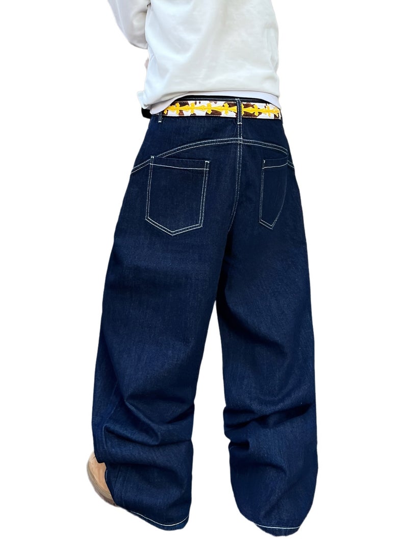 of American Retro Airplane Buckle Loose Jeans, Street Trendy Versatile Blue Wide-Leg Pants for Men () - Image 1