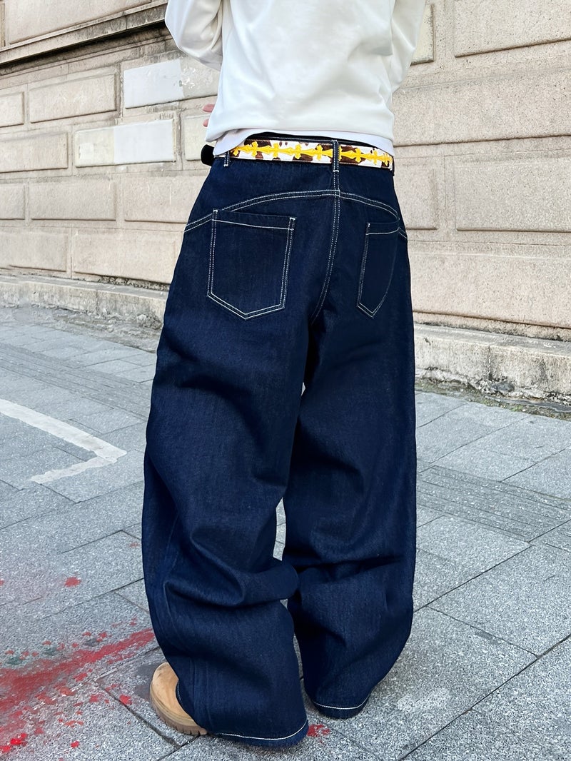 of American Retro Airplane Buckle Loose Jeans, Street Trendy Versatile Blue Wide-Leg Pants for Men () - Image 4