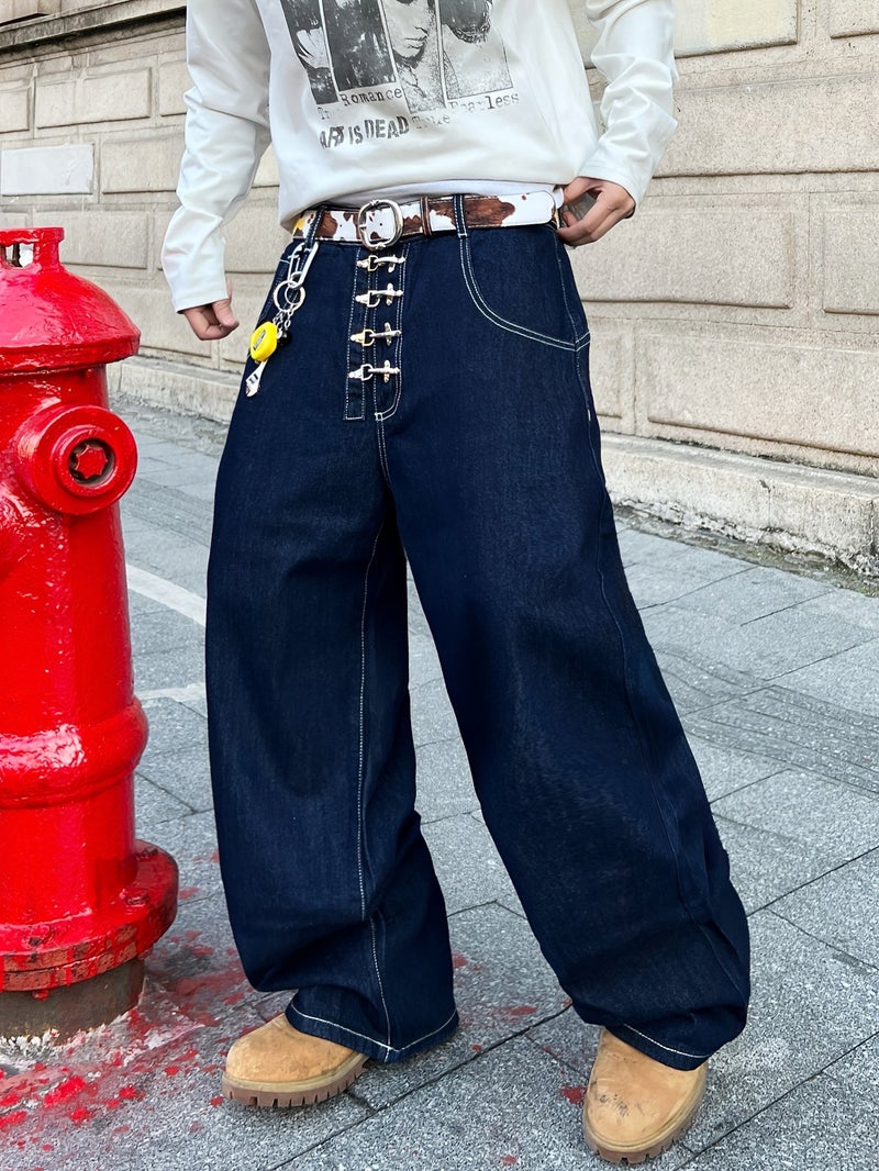 of American Retro Airplane Buckle Loose Jeans, Street Trendy Versatile Blue Wide-Leg Pants for Men () - Image 5