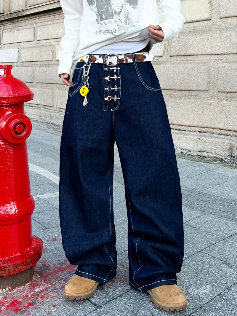 of American Retro Airplane Buckle Loose Jeans, Street Trendy Versatile Blue Wide-Leg Pants for Men () - Image 2