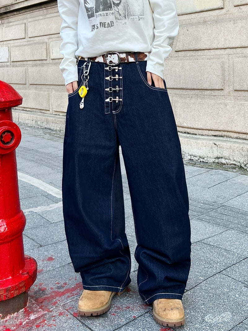 of American Retro Airplane Buckle Loose Jeans, Street Trendy Versatile Blue Wide-Leg Pants for Men () - Image 3