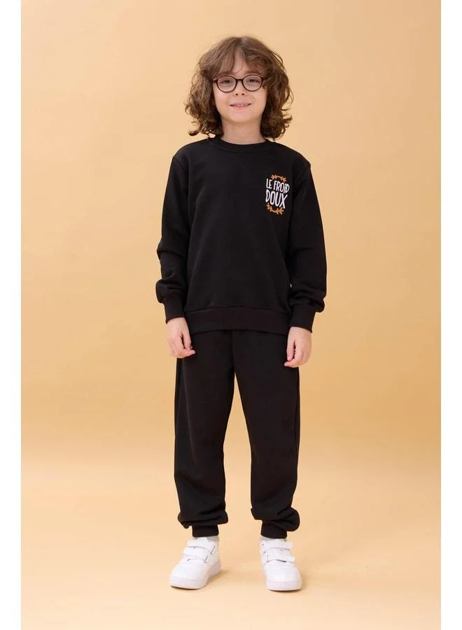Perendi Boys' Embroidered Print Detailed Seasonal Two-Piece Set - Black.