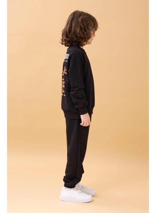 Perendi Boys' Embroidered Print Detailed Seasonal Two-Piece Set - Black.
