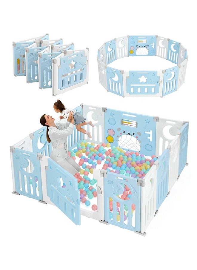Arabest Modular Baby Playpen, Foldable Baby Playpen, 150 x 150 cm, Adaptable Plastic Baby Playpen, XXL Playpen with Activity Panel, Blue and White  - Image 1