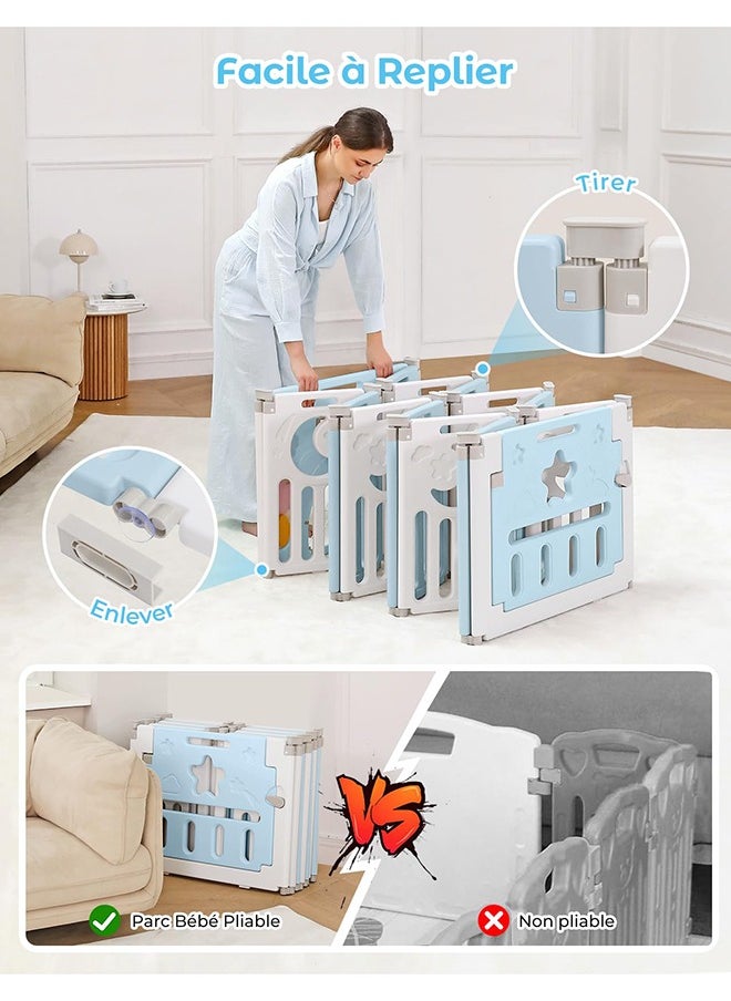 Arabest Modular Baby Playpen, Foldable Baby Playpen, 150 x 150 cm, Adaptable Plastic Baby Playpen, XXL Playpen with Activity Panel, Blue and White  - Image 2