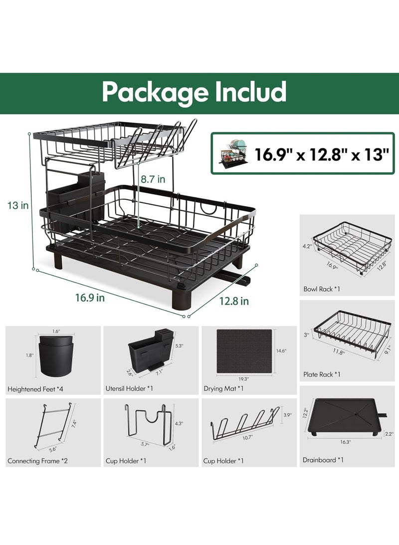 2 Tier Dish Drying Rack with Drainboard, Large Capacity Kitchen Dish Drainer for Plates, Bowls, Cups & Utensils, Rustproof Metal Dish Rack with Cutlery Holder and Cup Holder, Space Saving Countertop Organizer - Image 5
