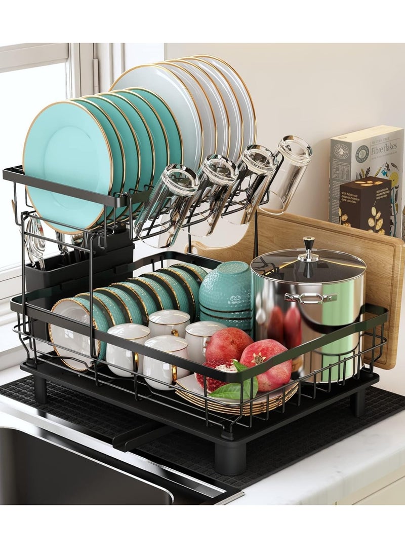 2 Tier Dish Drying Rack with Drainboard, Large Capacity Kitchen Dish Drainer for Plates, Bowls, Cups & Utensils, Rustproof Metal Dish Rack with Cutlery Holder and Cup Holder, Space Saving Countertop Organizer - Image 1