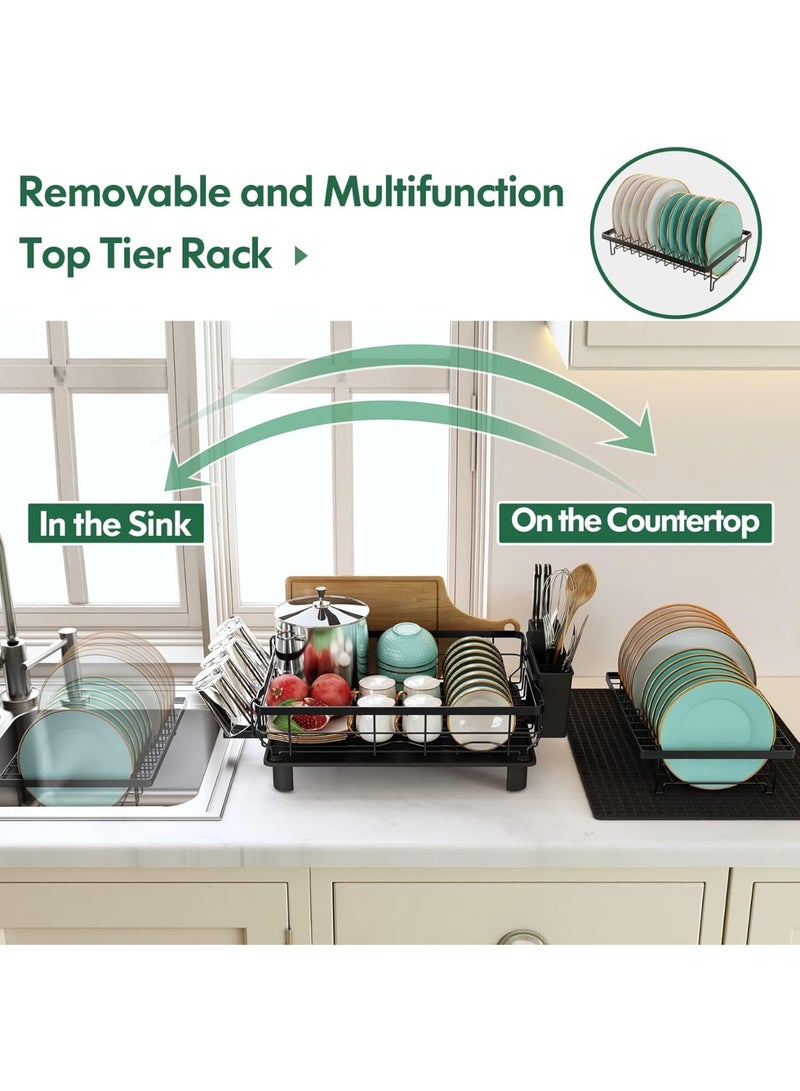 2 Tier Dish Drying Rack with Drainboard, Large Capacity Kitchen Dish Drainer for Plates, Bowls, Cups & Utensils, Rustproof Metal Dish Rack with Cutlery Holder and Cup Holder, Space Saving Countertop Organizer - Image 3