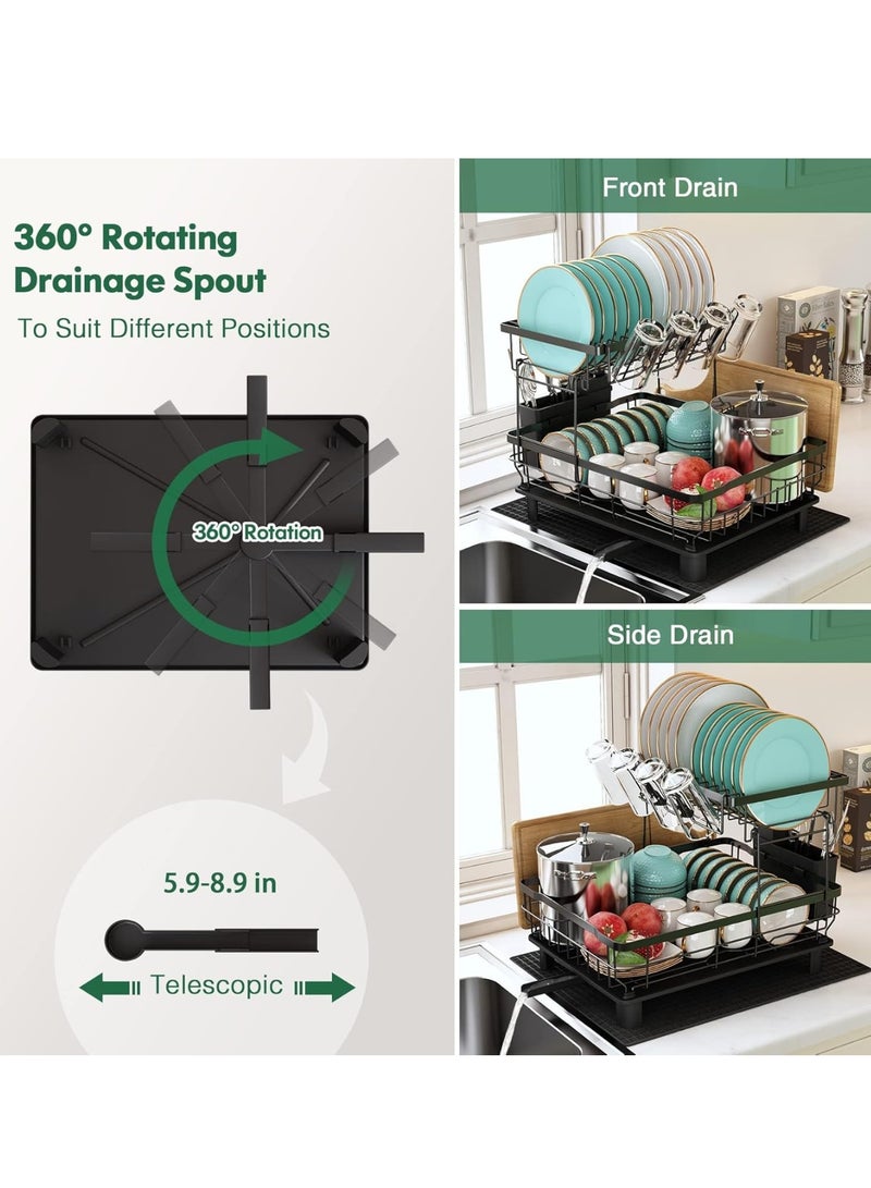 2 Tier Dish Drying Rack with Drainboard, Large Capacity Kitchen Dish Drainer for Plates, Bowls, Cups & Utensils, Rustproof Metal Dish Rack with Cutlery Holder and Cup Holder, Space Saving Countertop Organizer - Image 2