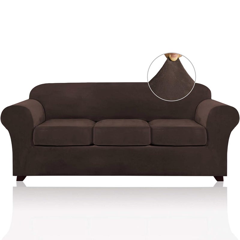 PrinceDeco PrinceDeco Velvet Couch Covers for Sofa Soft 4 Pieces Couch Covers for 3 Cushion Couch Sofa Pet Friendly Furniture Protector with Non Slip Elastic Bottom Width Up to 90 Inch Large Brown 