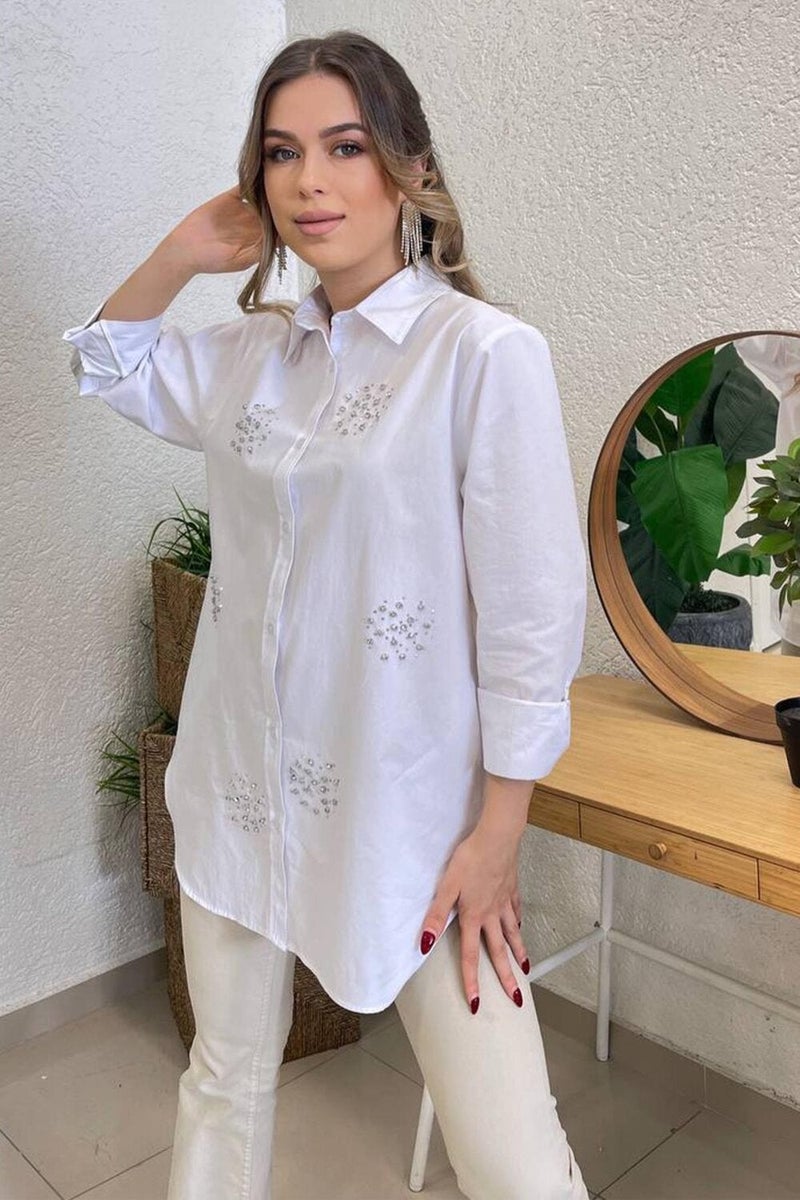Tena Women's White Oversize Shirt with Stones on the Front - Image 1