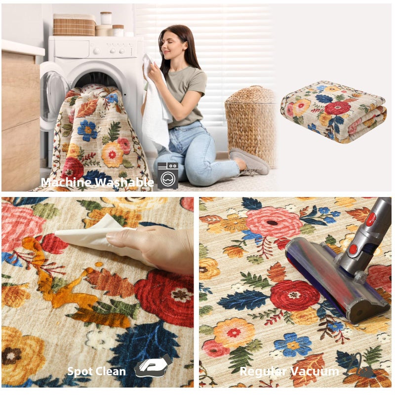 palohom 5x7 Area Rugs for Living Room: Machine Washable Rug for Bedroom Non Slip Low Pile Soft Faux Wool Non Shedding Distressed Vintage Floral Carpet for Dining Room Kitchen Entryway Farmhouse Office Indoor - Image 5