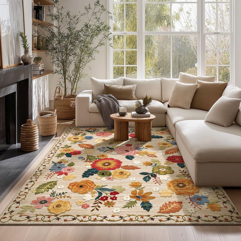 palohom 5x7 Area Rugs for Living Room: Machine Washable Rug for Bedroom Non Slip Low Pile Soft Faux Wool Non Shedding Distressed Vintage Floral Carpet for Dining Room Kitchen Entryway Farmhouse Office Indoor - Image 2