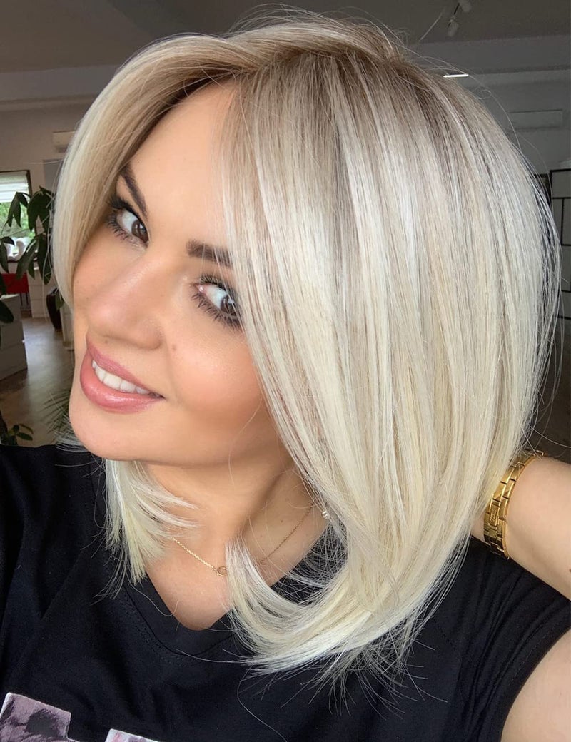 RENERSHOW Short Platinum Blonde Bob Wigs for White Women Ombre Blonde Wig with Brown Roots Straight Heat Synthetic Daily Party Wig14inch