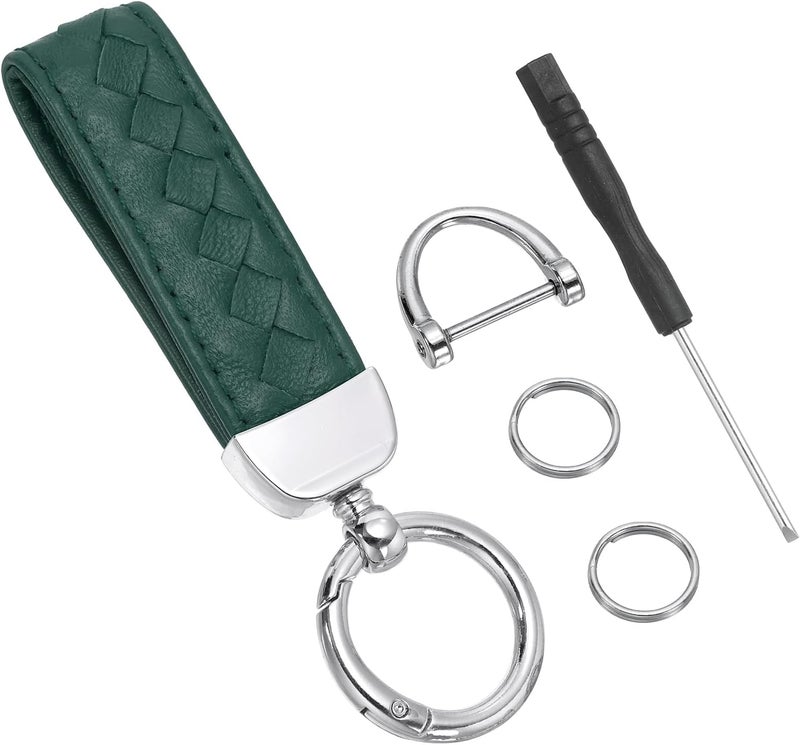 PATIKIL Original Leather Car Key Chain with 360 Degree Rotating D-Ring and Screwdriver - Dark Green/Silver - Image 1
