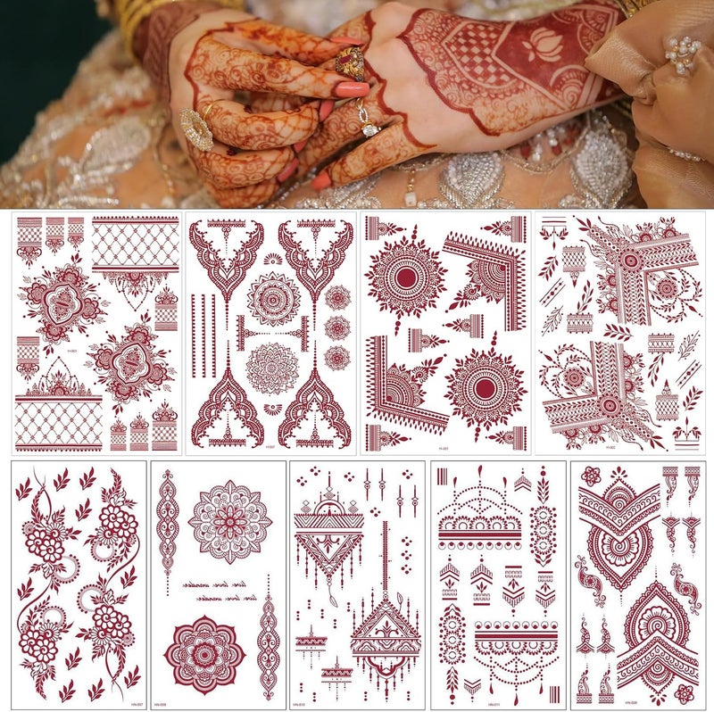 Brown Temporary Tattoo Stickers 9 Sheets Waterproof Tattoo Stickers for Women Wedding Party Festival Lotus Mandala Flower Temporary Tattoos