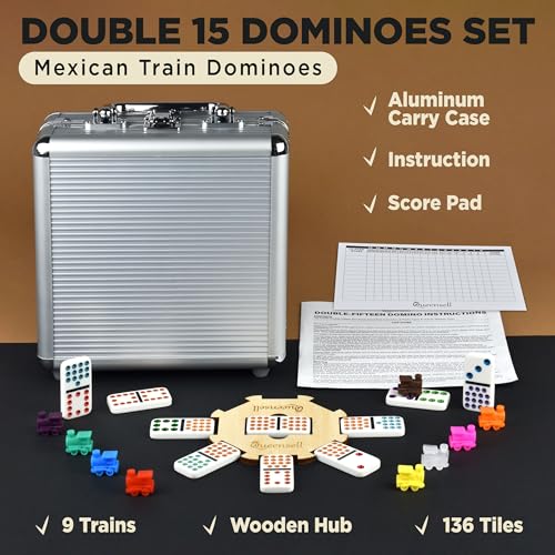 Queensell Mexican Train Dominoes Set Double 15 for Adults and Family Mexican Train Double 15 Dominoes Set Colored Dot  136 Tiles 9 Trains Wooden Hub Aluminum Case Double 15 - Image 5