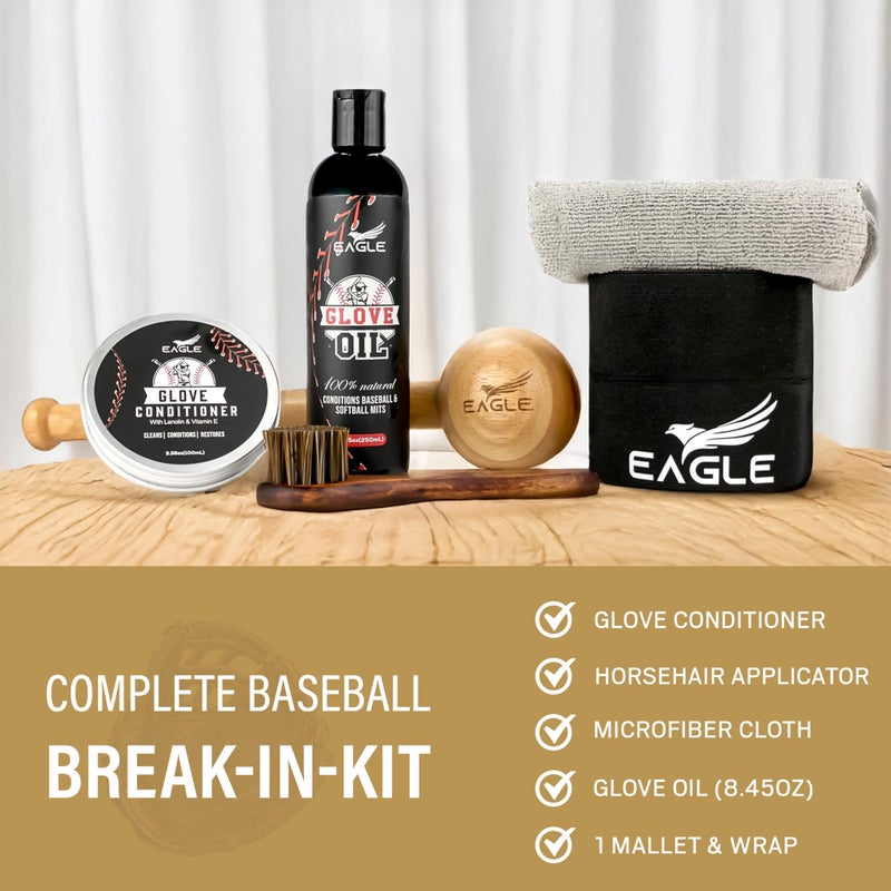 Eagle Glove Break in Kit - Glove Oil (8.45oz), Conditioner (3.38oz), Wrap, Mallet, Applicator & Cloth, 6-Pieces Set for Baseball Gloves, Softball Gloves - Image 4