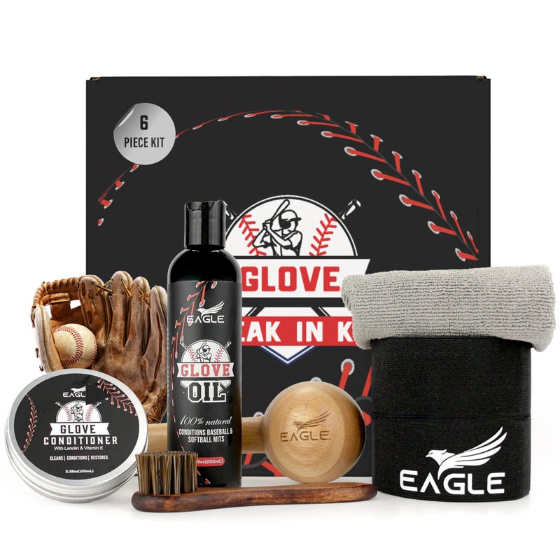 Eagle Glove Break in Kit - Glove Oil (8.45oz), Conditioner (3.38oz), Wrap, Mallet, Applicator & Cloth, 6-Pieces Set for Baseball Gloves, Softball Gloves - Image 1