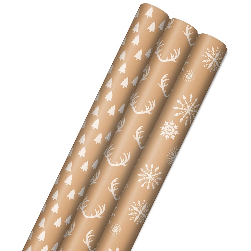 Hallmark Christmas Wrapping Paper Rolls Minimalist Brown Kraft Trees Antlers Snowflakes Gift Wrap Paper 3 Rolls 90 sq ft ttl for Holiday Parties Hanukkah Winter Weddings