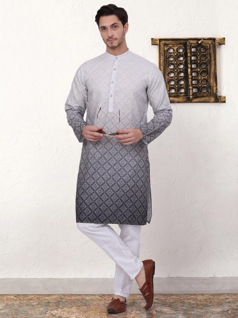 Jompers Men's Grey Ombre Printed Kurta Pyjama Set (Grey, XXL) - Image 4