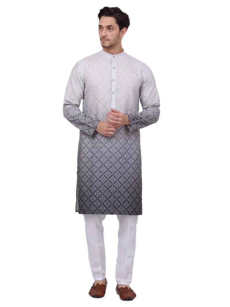 Jompers Men's Grey Ombre Printed Kurta Pyjama Set (Grey, XXL) - Image 1