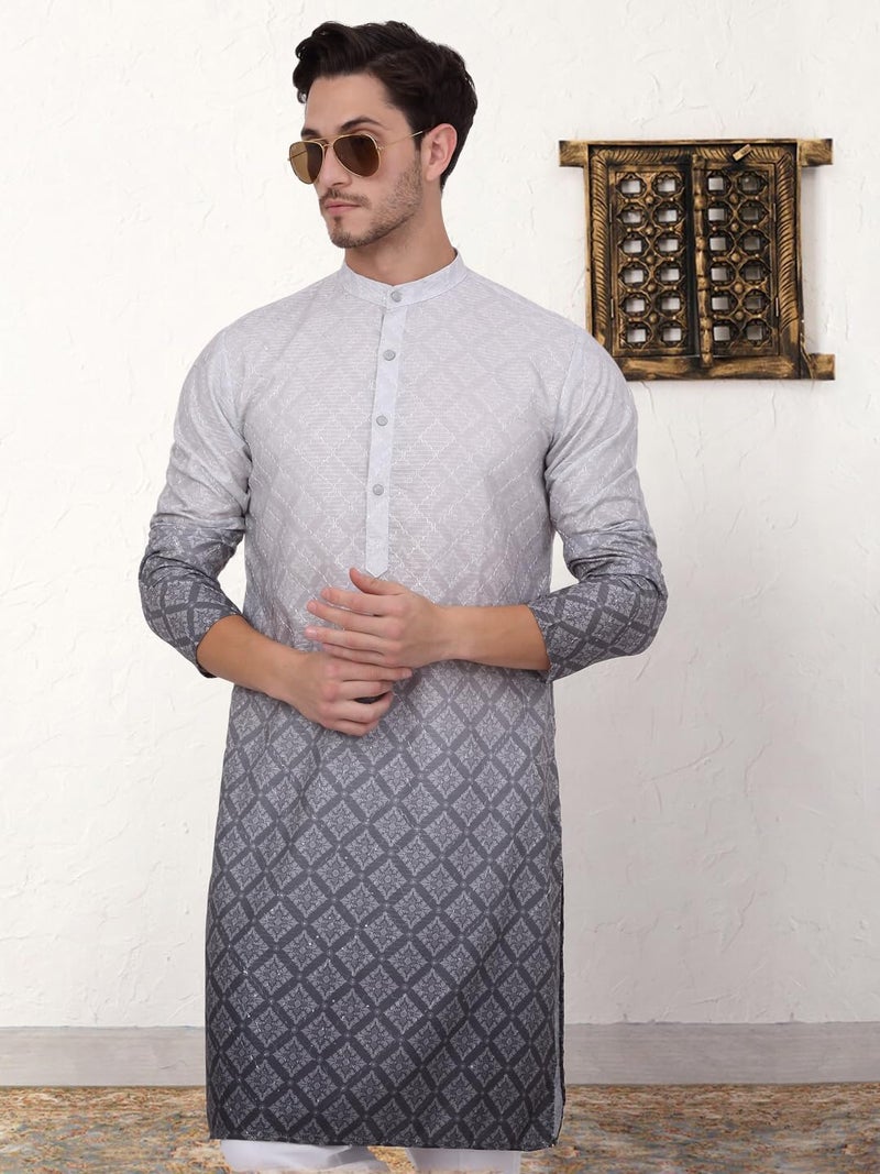 Jompers Men's Grey Ombre Printed Kurta Pyjama Set (Grey, XXL) - Image 5