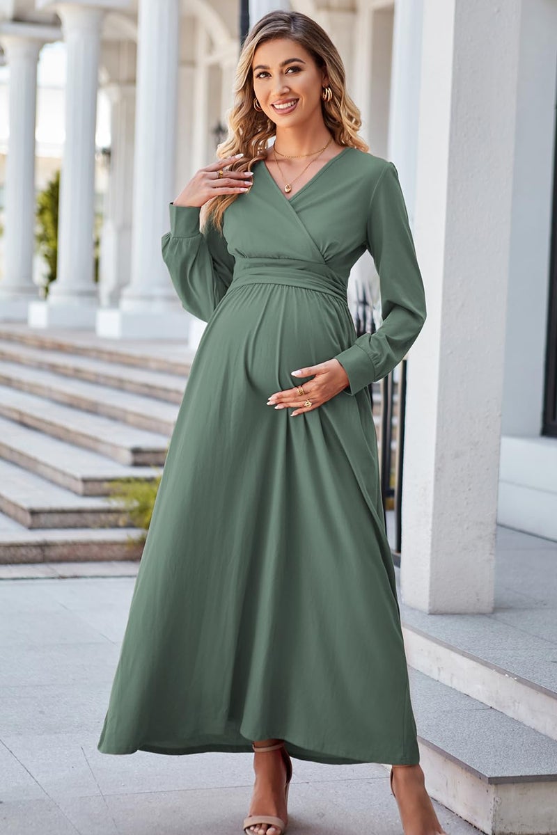 OUGES Fall Maternity Maxi Dresses Long Sleeve Wrap V Neck Baby Shower Dress Maternity Clothes 2025(Gray Green,L) - Image 4