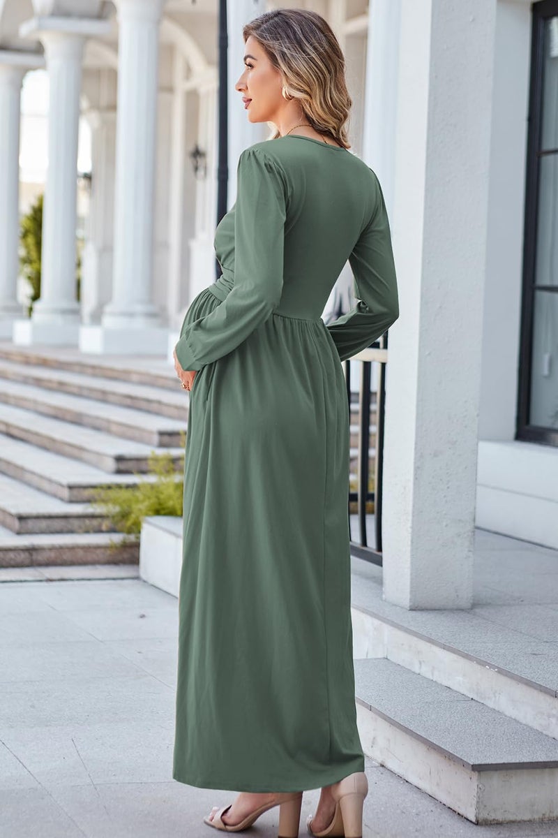 OUGES Fall Maternity Maxi Dresses Long Sleeve Wrap V Neck Baby Shower Dress Maternity Clothes 2025(Gray Green,L) - Image 5