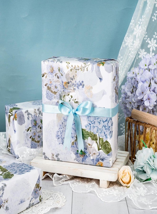 LeZakaa Floral Wrapping Paper Roll, Blue Hydrangea Flowers Party Gift Wrap for Wedding, Bridal Shower, Baby Shower, Anniversary, Mother's Day, Birthday, 17 inches x 16.4 Feet (23.2 sq.ft.) - Image 2