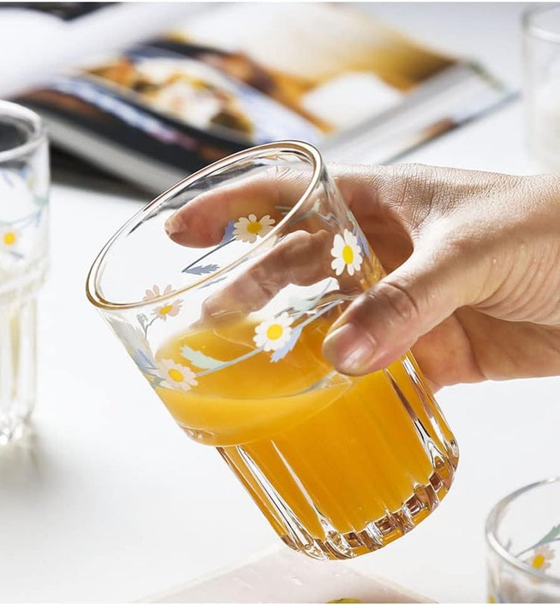 yaocoral Set of 2 Floral Drinking Glasses Cute Tea Cups Daisy Glass Cups for JuiceIced CoffeeMilkTeaDessertLatteStackable Flower Glassware Drinkware Set blue1 - Image 3