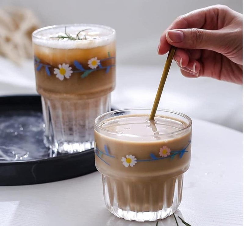 yaocoral Set of 2 Floral Drinking Glasses Cute Tea Cups Daisy Glass Cups for JuiceIced CoffeeMilkTeaDessertLatteStackable Flower Glassware Drinkware Set blue1 - Image 5