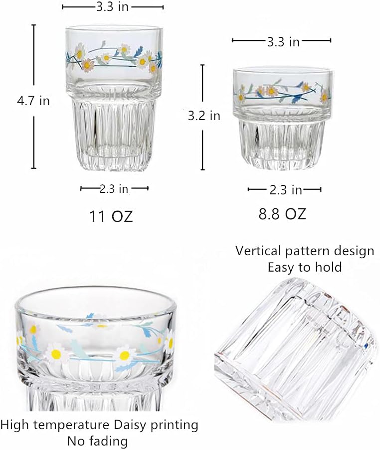 yaocoral Set of 2 Floral Drinking Glasses Cute Tea Cups Daisy Glass Cups for JuiceIced CoffeeMilkTeaDessertLatteStackable Flower Glassware Drinkware Set blue1 - Image 4