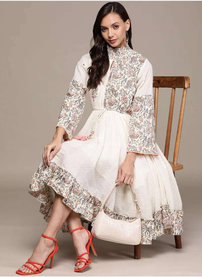 آي شين Regular Fit Embellished Pattern Round Neck Neck Three-Quarter Sleeve Cream Colour Knitted Cotton Dresses for Women - Designed with Style and Comfort