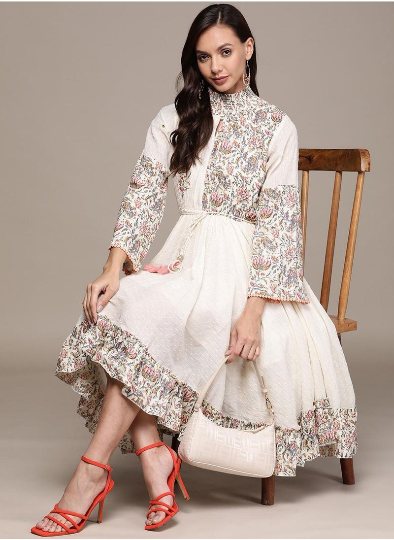 ISHIN Regular Fit Embellished Pattern Round Neck Neck Three-Quarter Sleeve Cream Colour Knitted Cotton Dresses for Women - Designed with Style and Comfort  - Image 1