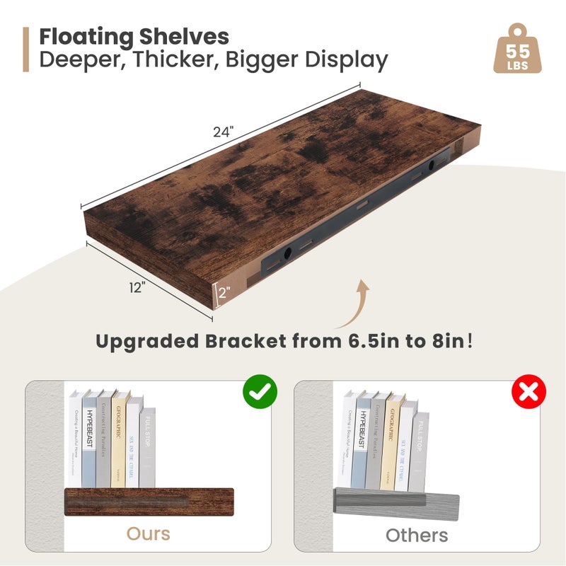 Heimlove 24 x 12 Inch Deep Floating Shelves Wall Mounted with Invisible Brackets,Storage Hanging Shelf for Wall Decor in Bathroom, Bedroom, Kitchen, Living Room, Office Set of 2 (Rustic Brown) - Image 2
