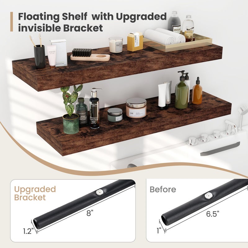Heimlove 24 x 12 Inch Deep Floating Shelves Wall Mounted with Invisible Brackets,Storage Hanging Shelf for Wall Decor in Bathroom, Bedroom, Kitchen, Living Room, Office Set of 2 (Rustic Brown) - Image 3