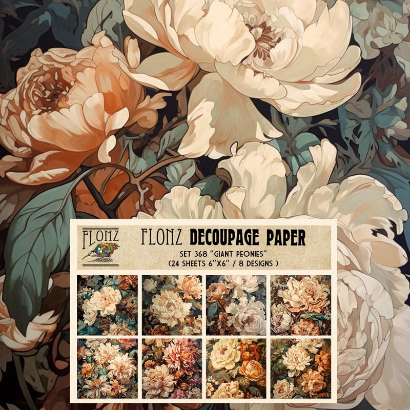 Decoupage Paper Pack 24 Sheets 6x6 Giant Peonies Vintage Styled Pattern Paper for Decoupage Craft and Scrapbooking