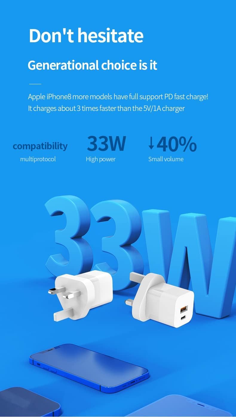 EKR شاحن حائط GaN USB C، 33 واط ثنائي المنافذ مدمج مع توصيل طاقة 32 واط و IQ 2.0، PowerPort PD+ 2 لأجهزة iPad Pro 2018، iPhone 16 / iPhone 15 Pro/XS/XR/X، Huawei P20/P30 والمزيد - Image 4