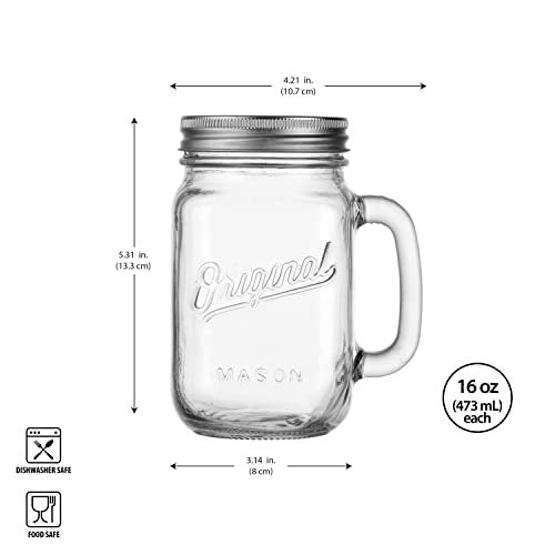 Glaver's Mason Jar 16 Oz. Glass Mugs with Handle and Lid Set Of 4 - Home Essentials & Beyond - Old Fashioned Drinking Glass Bottles Original Mason Jar Pint Sized Cup Set. - Image 4