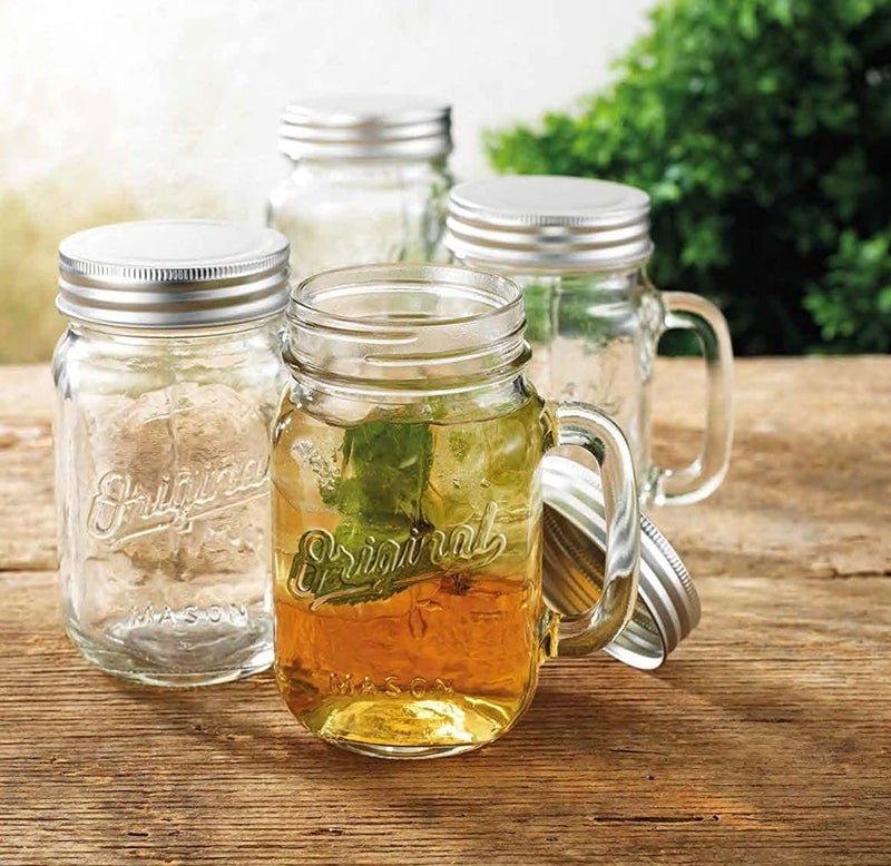 Glaver's Mason Jar 16 Oz. Glass Mugs with Handle and Lid Set Of 4 - Home Essentials & Beyond - Old Fashioned Drinking Glass Bottles Original Mason Jar Pint Sized Cup Set. - Image 5