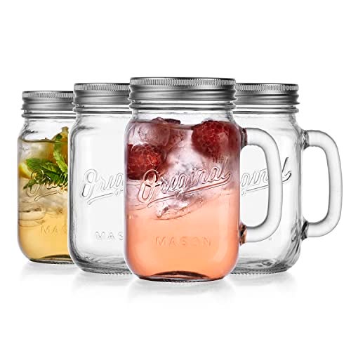 Glaver's Mason Jar 16 Oz. Glass Mugs with Handle and Lid Set Of 4 - Home Essentials & Beyond - Old Fashioned Drinking Glass Bottles Original Mason Jar Pint Sized Cup Set. - Image 2