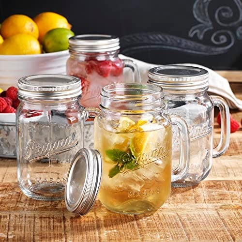 Glaver's Mason Jar 16 Oz. Glass Mugs with Handle and Lid Set Of 4 - Home Essentials & Beyond - Old Fashioned Drinking Glass Bottles Original Mason Jar Pint Sized Cup Set. - Image 3