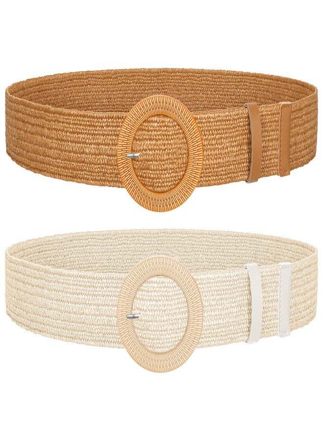 SUOSDEY 2 Pack Straw Woven Elastic Belt Braided Stretch Wide Belt for Women Dress, J-brown+beige, Fit Waist up to 35'' - Image 1